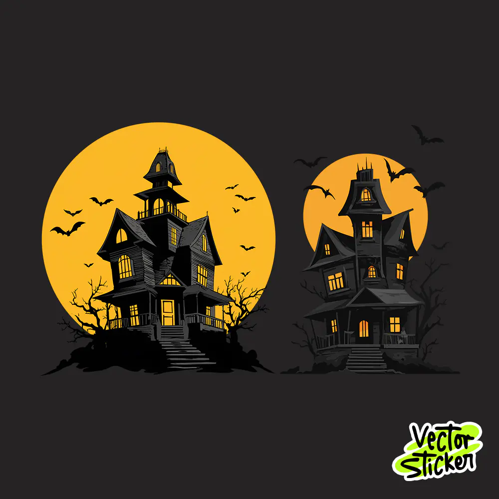Haunted House Halloween Sticker Set – Spooky Night Scene Illustration