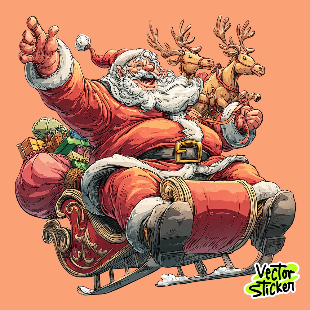 Santa Sleigh & Reindeer Sticker | Festive Christmas Vector Scene PNG for Merch