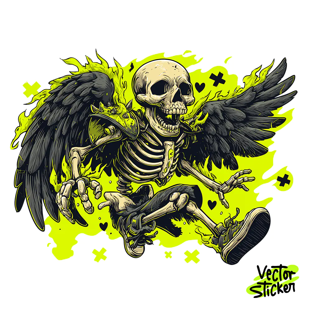 Flying Skeleton with Black Wings Design for T-Shirt & Decal Design PNG