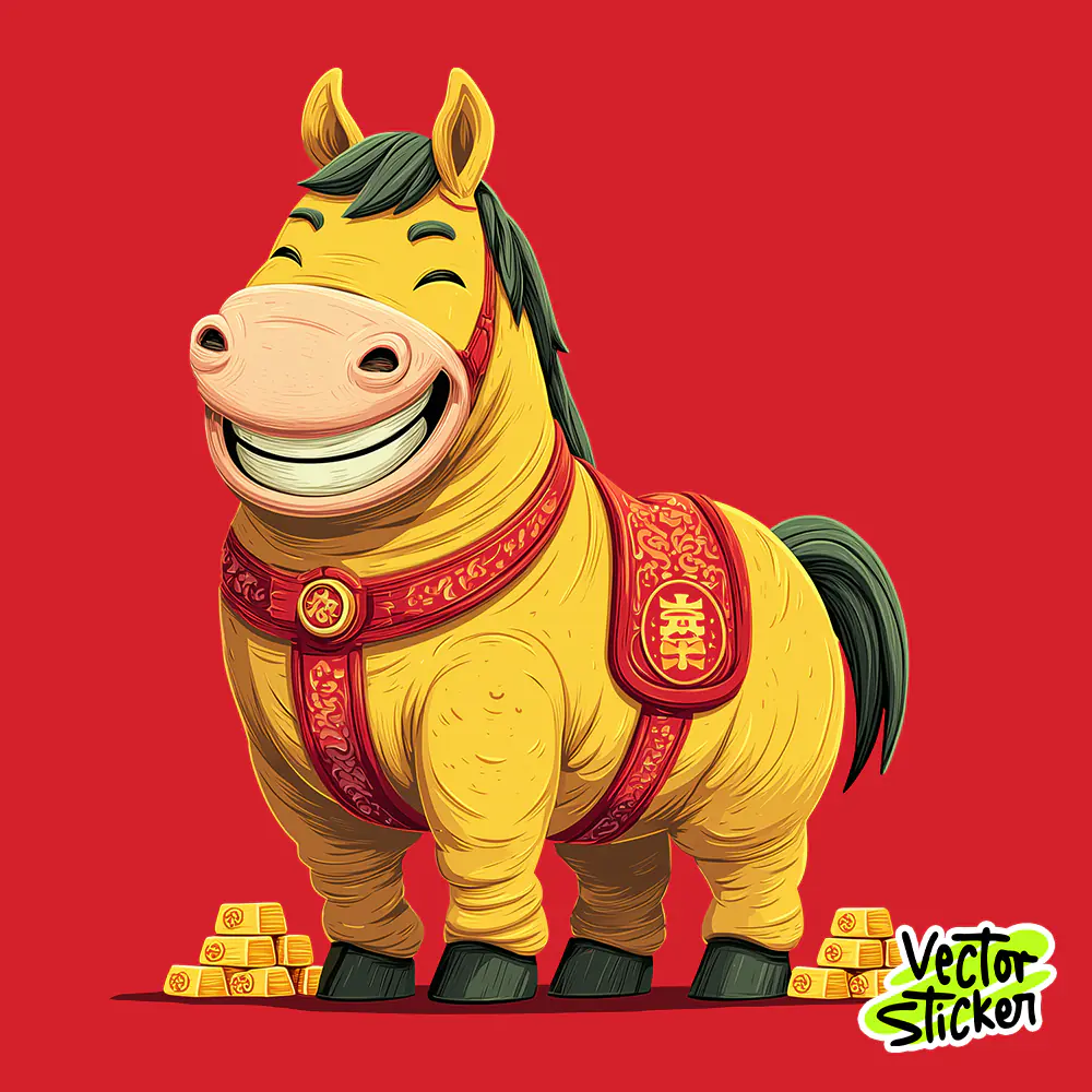 Smiling Golden Horse with Gold Bars – Lucky Chinese New Year Cartoon Illustration