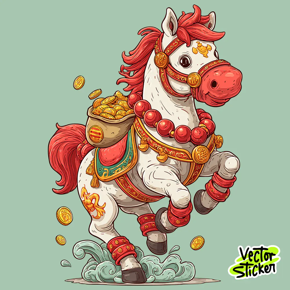 Chinese New Year White Horse Wealth Mascot Illustration in Red and Gold
