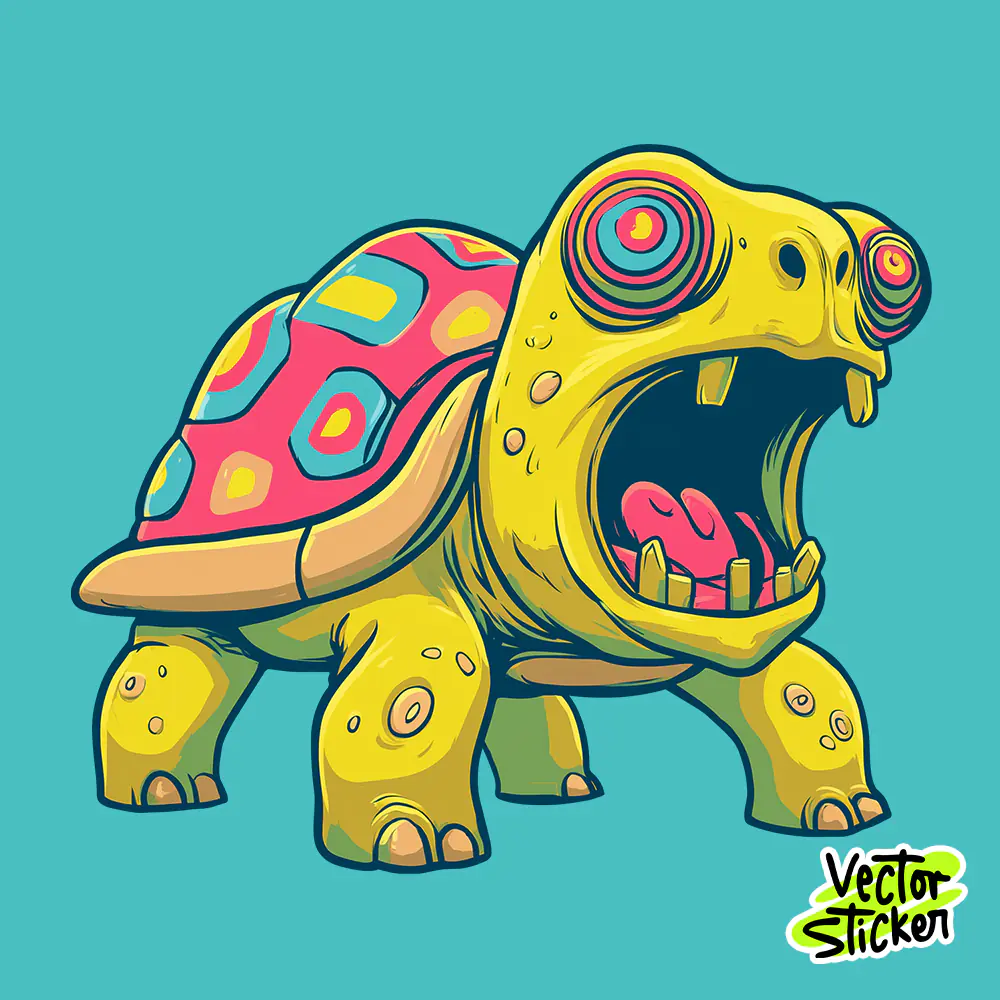 Crazy Cartoon Turtle T-Shirt Illustration in Neon Green and Pink Style
