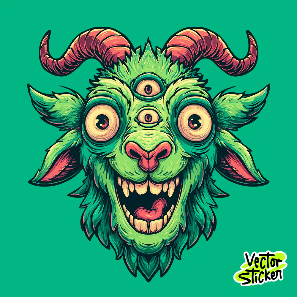 Three Eyed Green Goat Sticker Cartoon Monster Art Sticker