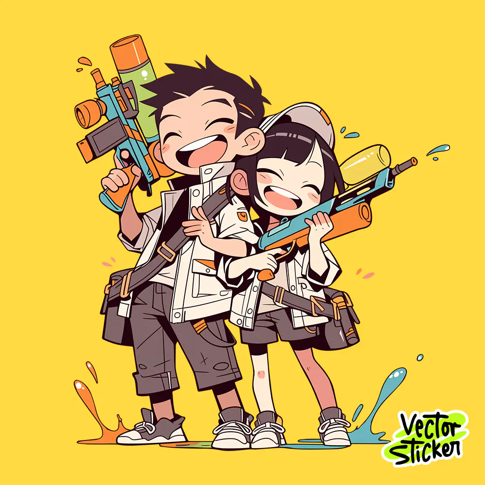 Thingyan Water Festival Happy Couple Splash Water Gun Illustration PNG
