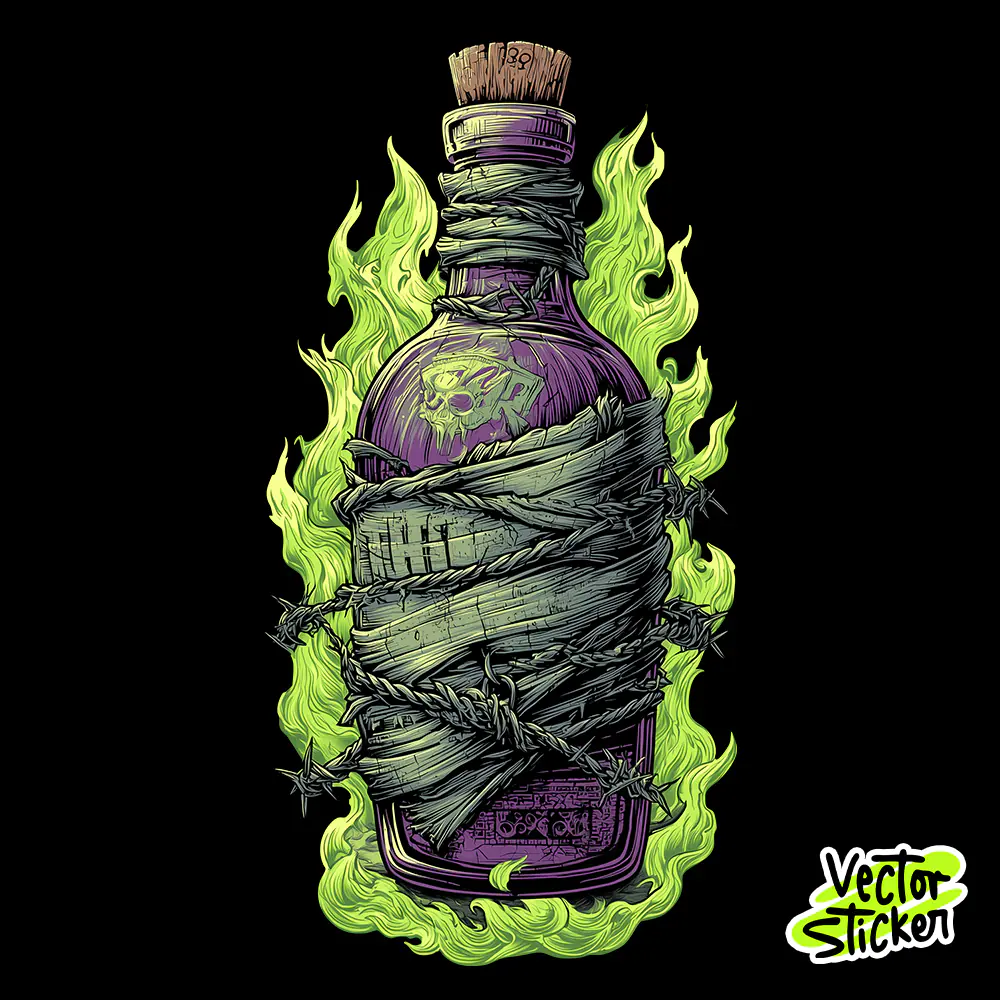 Poison Bottle with Green Flame – Dark Magic Vector Illustration Sticker