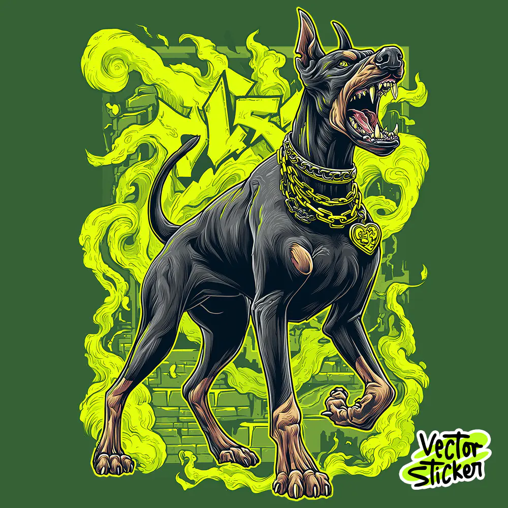 Fierce Doberman Street T Shirt Design Neon Urban Illustration PNG