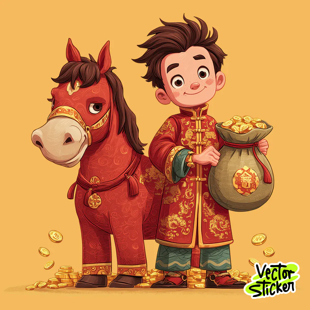 Chinese New Year Boy and Horse Mascot Illustration in Red and Gold