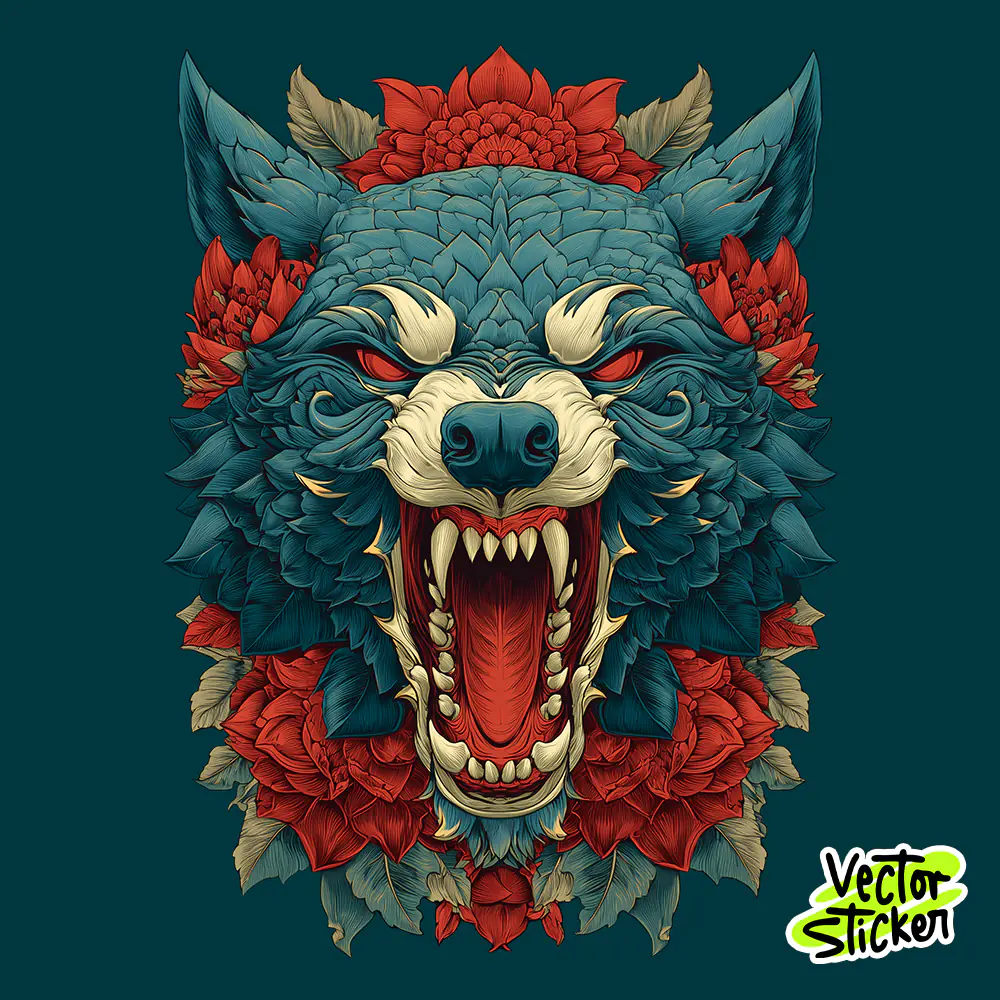 Floral Wolf Rage Head PNG Symmetrical Beast T-Shirt Design