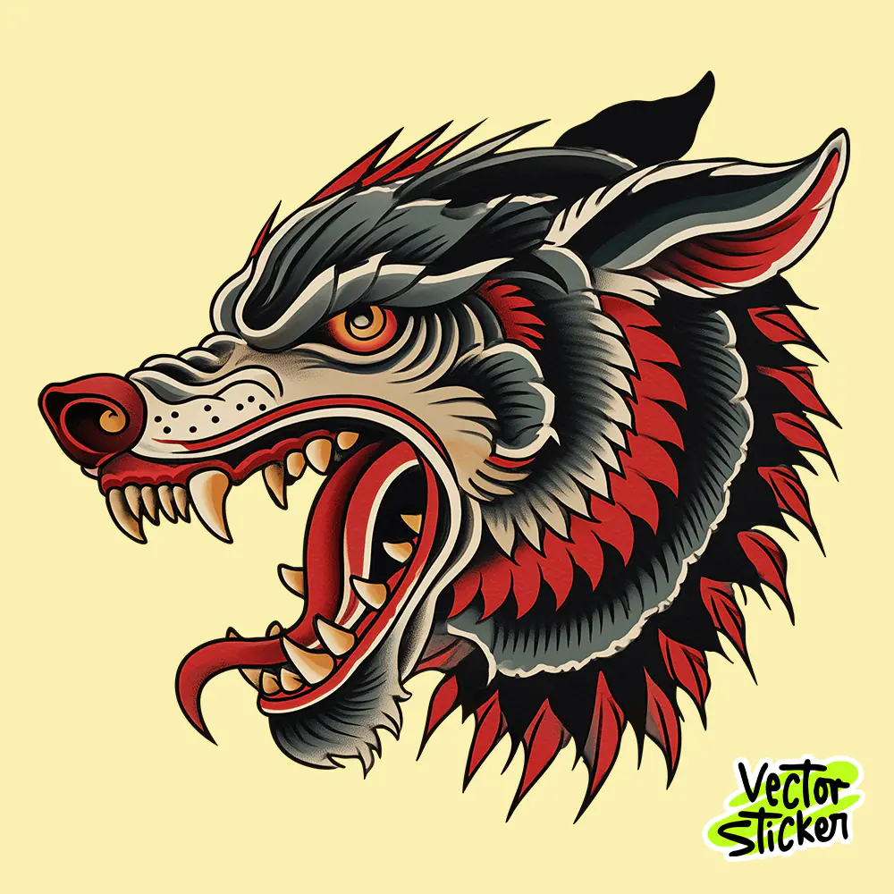 Dark Vintage Tattoo Style Wolf Head for T Shirt Design