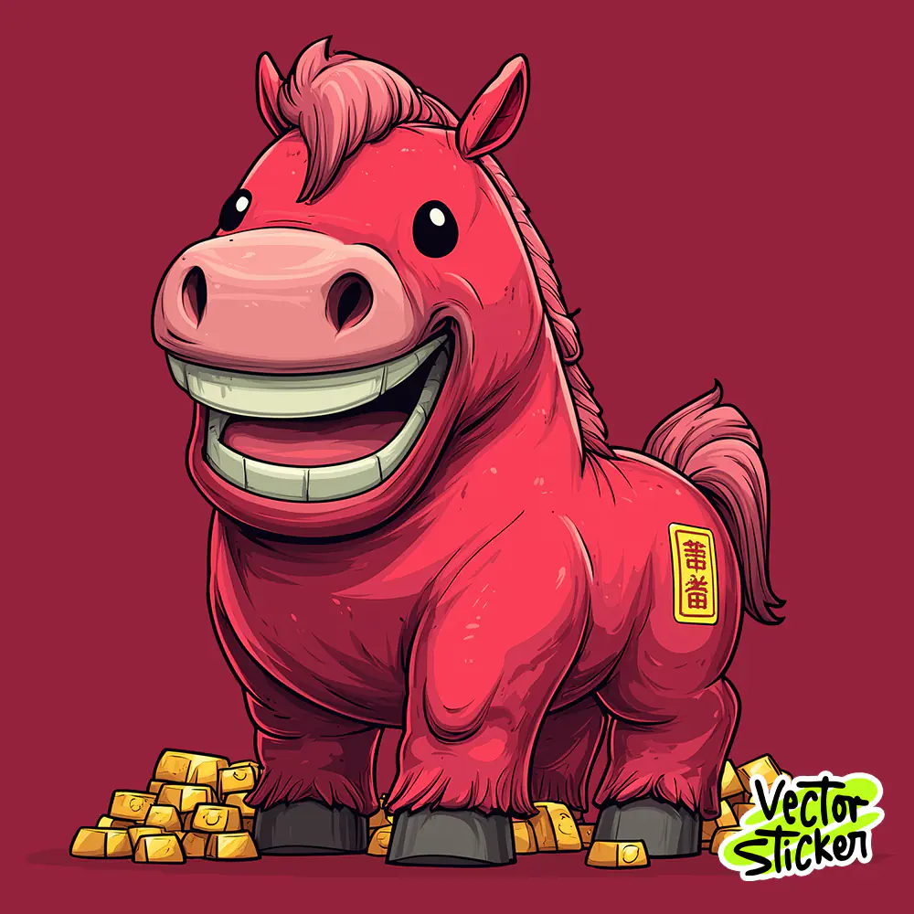 Chinese New Year Cute Horse Cartoon Illustration in Red and Gold
