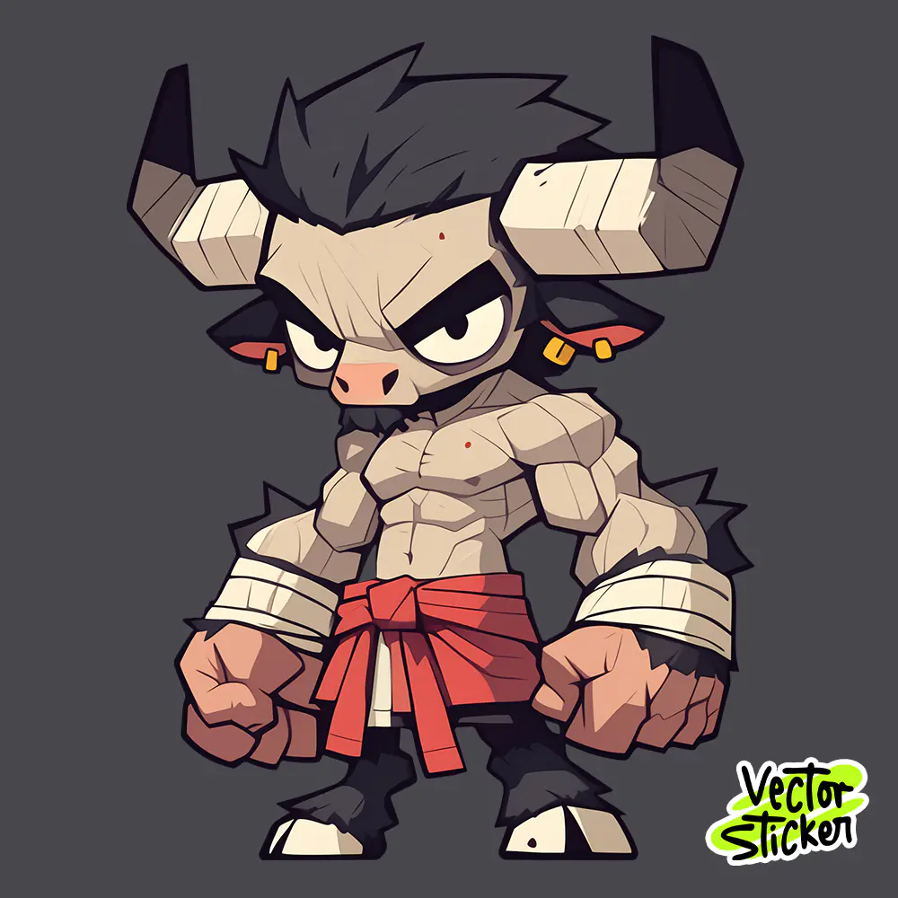 Cartoon Hybrid Ox Character wth Big Horn Illustration Sticker