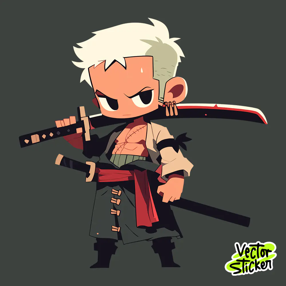 Roronoa Zoro, Chibi Anime  Swordsman Sticker Front Pose Dark Green Style