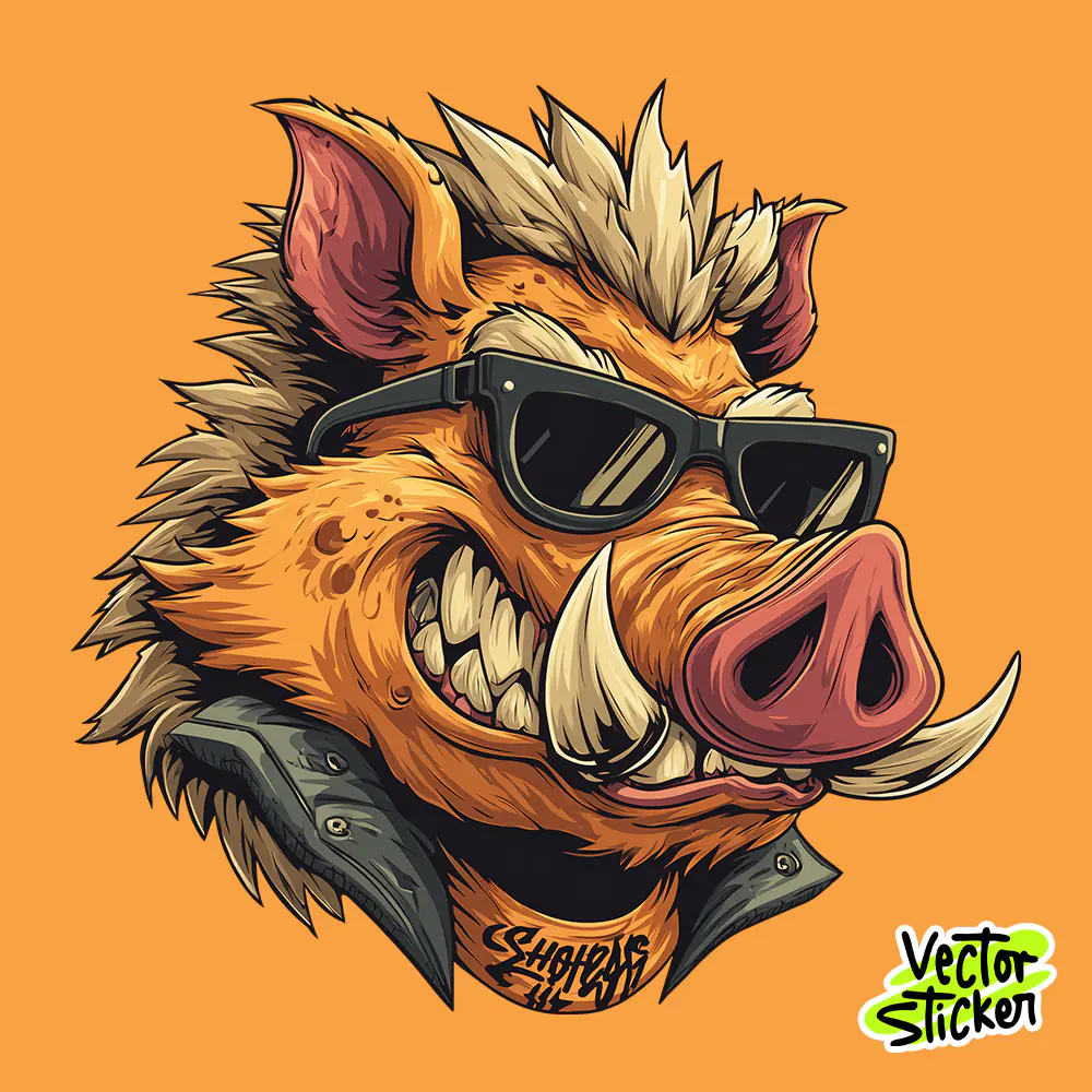Wild Boar Wearing Sunglasses Cartoon T-Shirt Illustration in Orange and Black