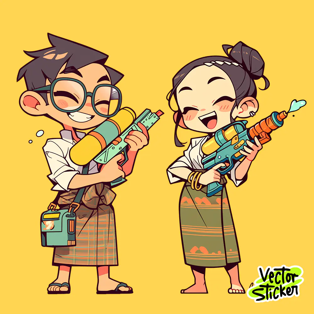 Myanmar Thingyan Water Festival Traditional Couple Water Gun PNG
