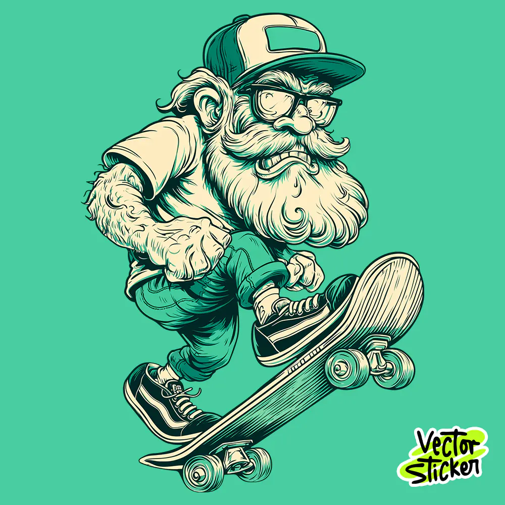Free Skater Grandpa Cartoon Sticker | Funny Character Vector Art