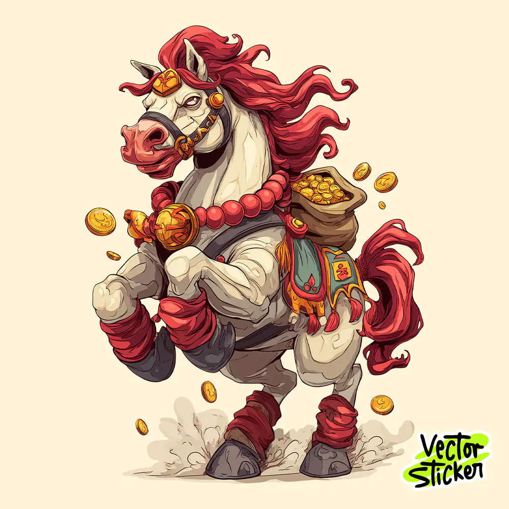 Chinese New Year Lucky Horse Sticker in Red and Gold Traditional Style