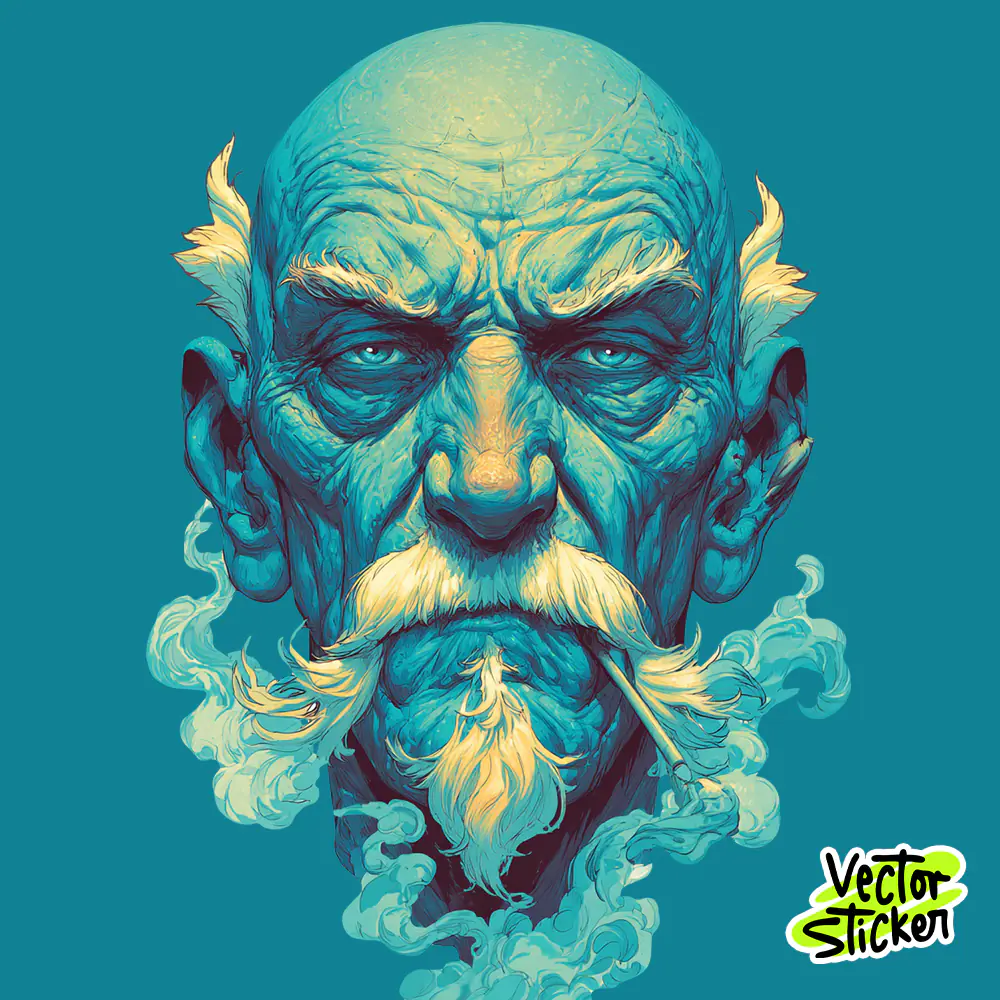 Vintage Old Man Portrait T-Shirt Illustration with Blue and Cream Artistic Style