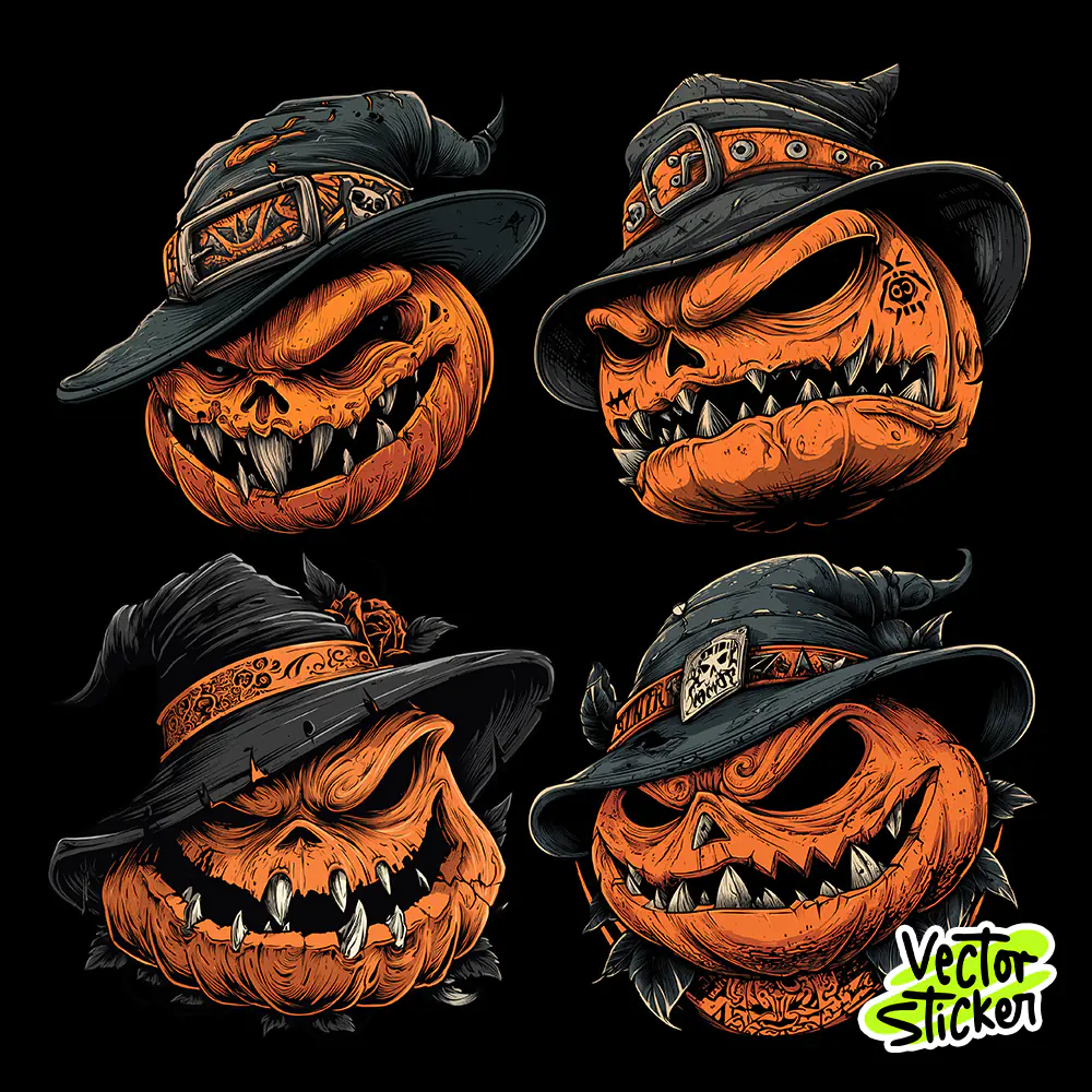 Halloween Angry Jack-o'-Lanterns in Witches' Hats Vector Pack (Free PNG)