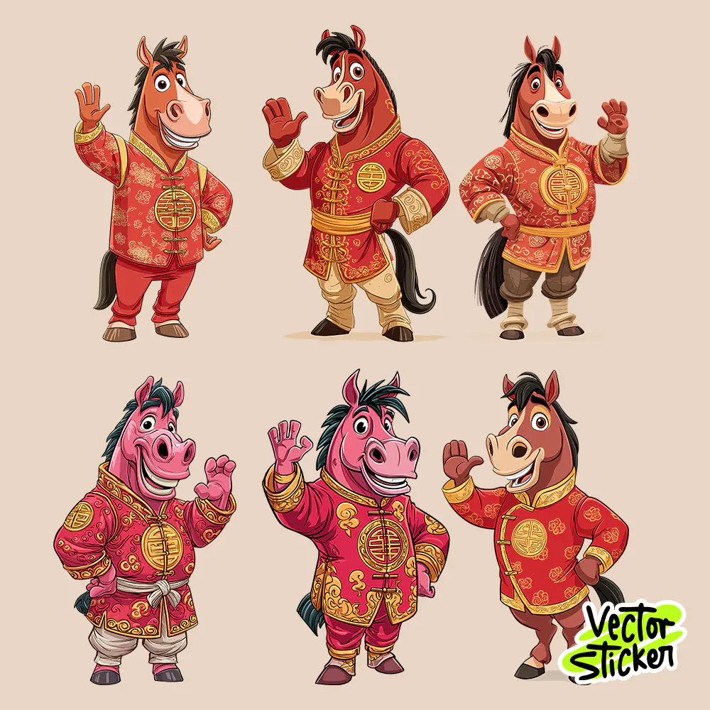 Chinese New Year Horse Characters Cartoon Illustration Set in Red and Gold