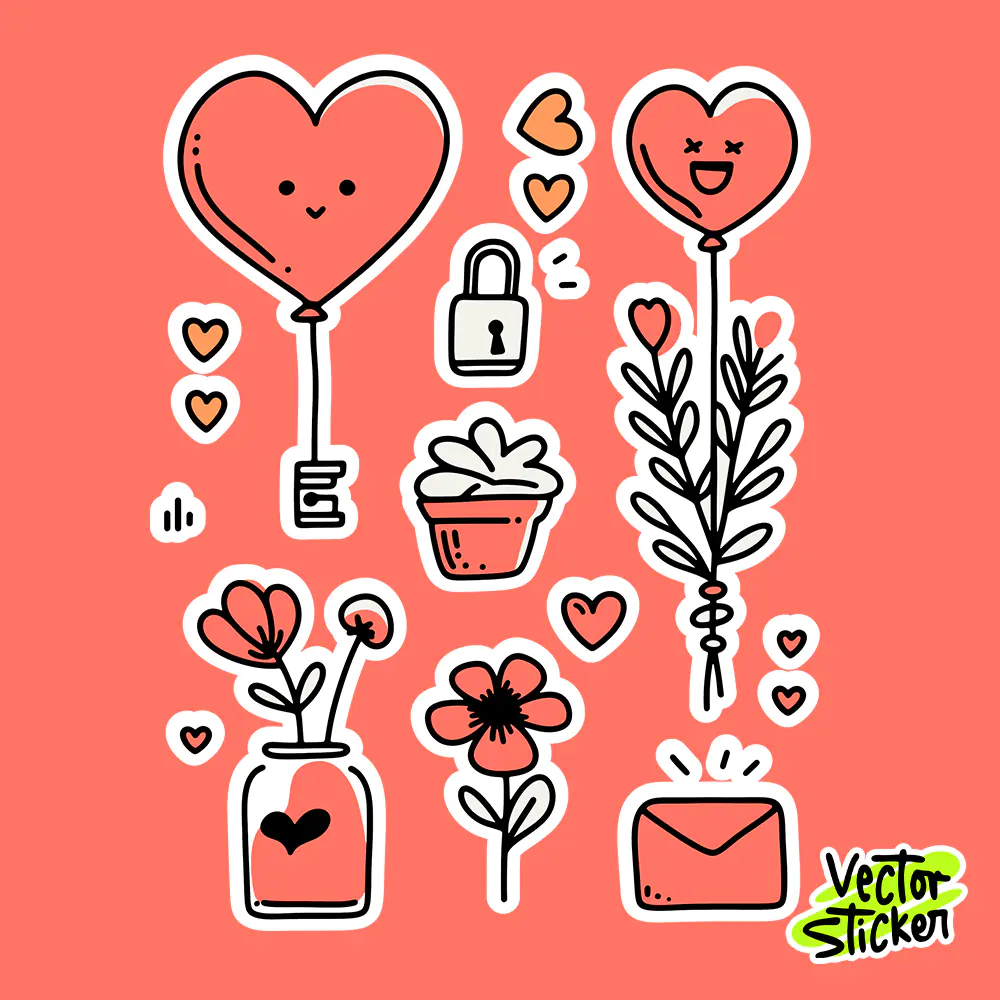 Cute Valentine’s Day Heart & Love Icons Doodle Sticker PNG