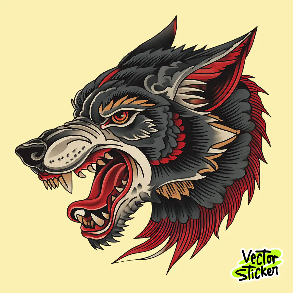 Free Retro Tattoo Style Angry Wolf T-Shirt Design | Vintage Tattoo Vector